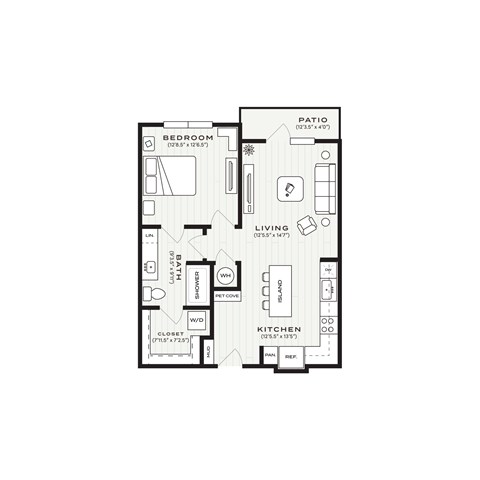 Floor plan for 1 bed, 1 bath, 728 sqft